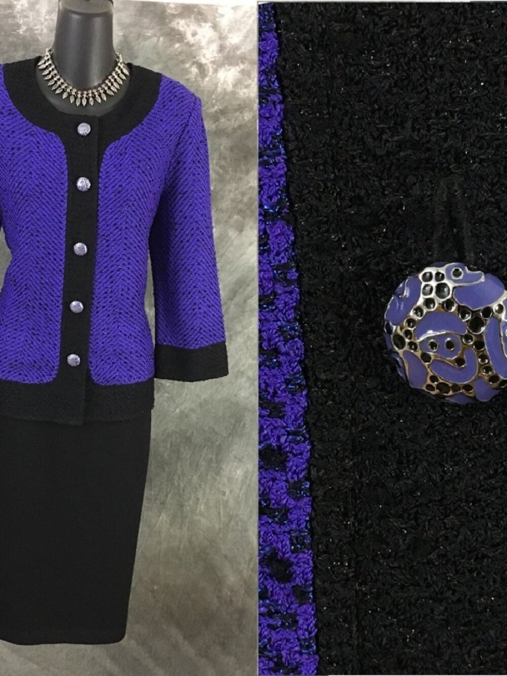 BEAUTIFUL St John knit lavender purple black multi shimmer skirt suit size 8
